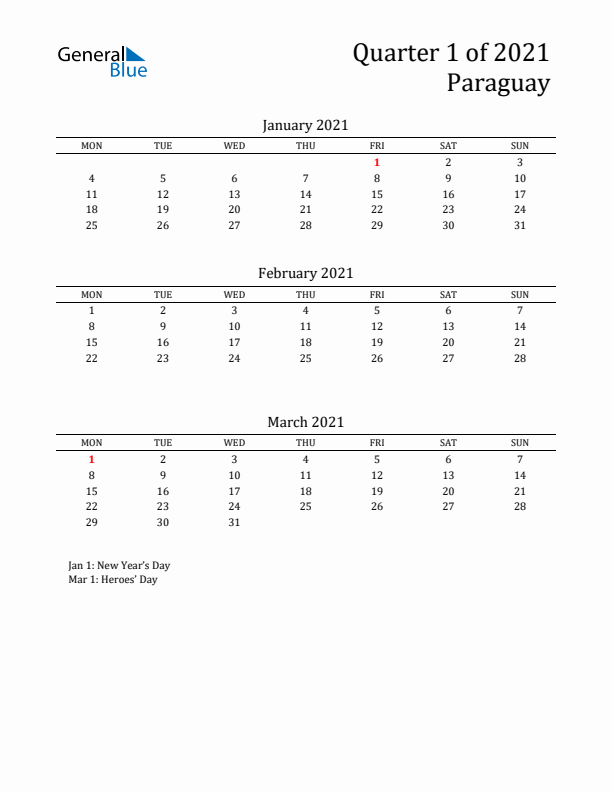 Quarter 1 2021 Paraguay Quarterly Calendar