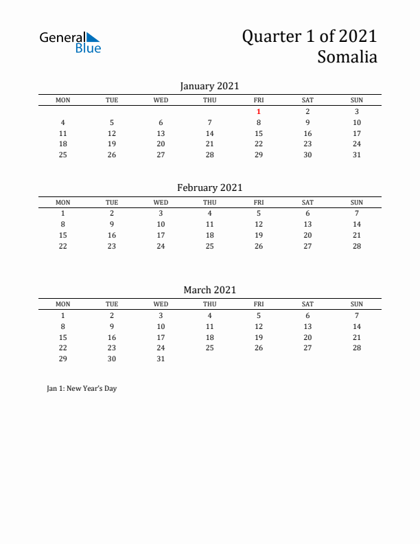 Quarter 1 2021 Somalia Quarterly Calendar