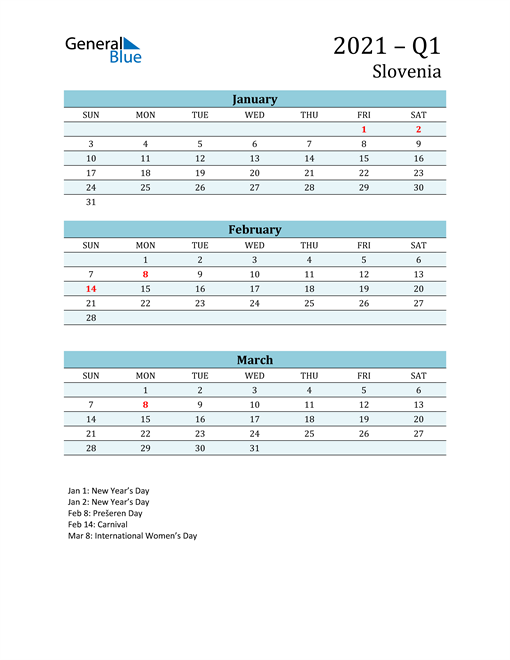  Three-Month Planner for Q1 2021 with Holidays