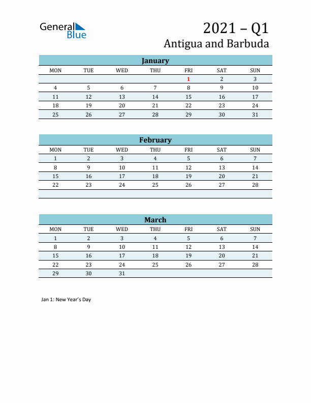 Three-Month Planner for Q1 2021 with Holidays - Antigua and Barbuda