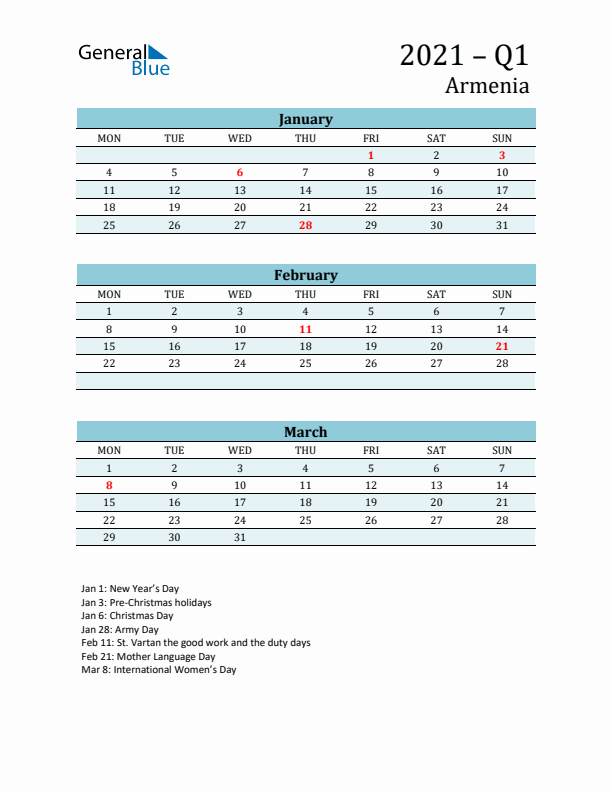 Three-Month Planner for Q1 2021 with Holidays - Armenia