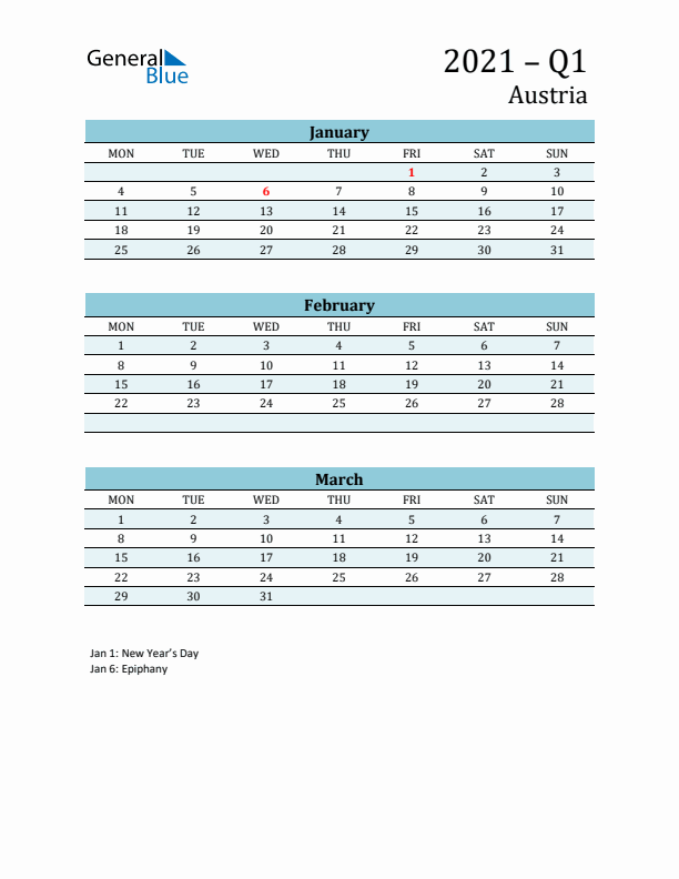 Three-Month Planner for Q1 2021 with Holidays - Austria