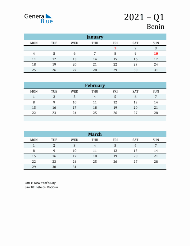 Three-Month Planner for Q1 2021 with Holidays - Benin