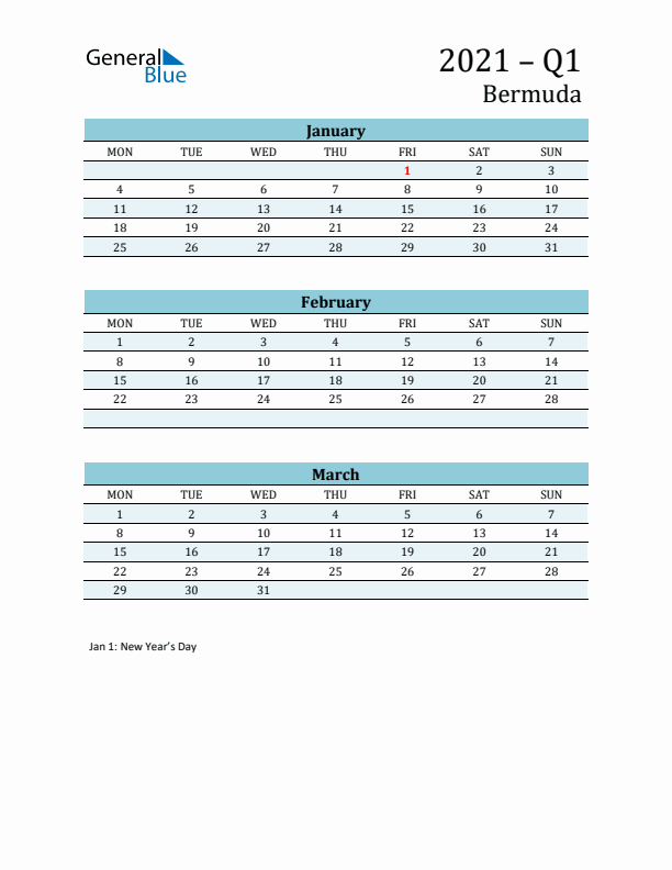 Three-Month Planner for Q1 2021 with Holidays - Bermuda