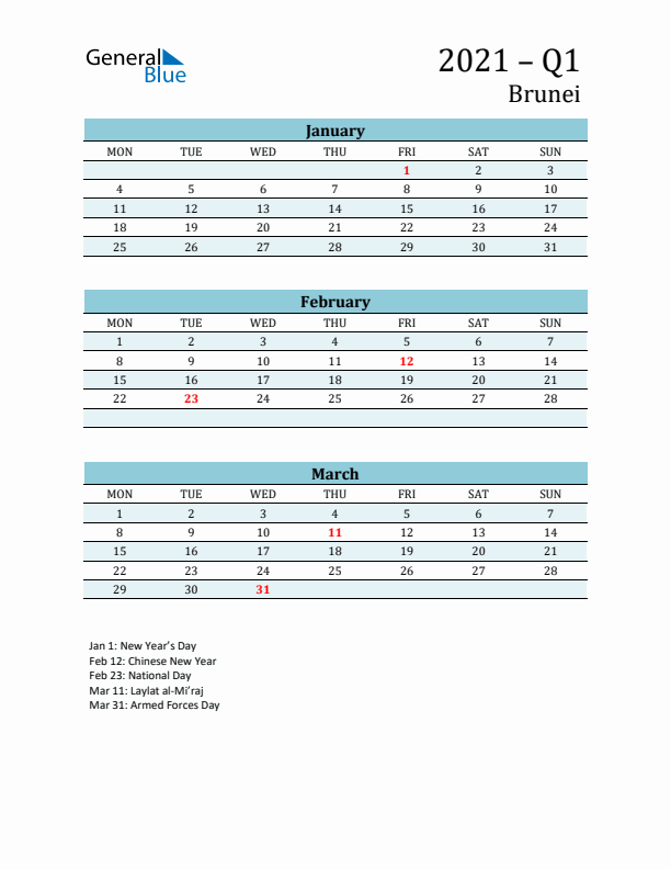 Three-Month Planner for Q1 2021 with Holidays - Brunei