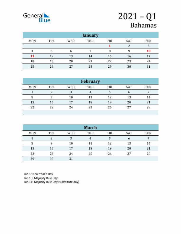 Three-Month Planner for Q1 2021 with Holidays - Bahamas