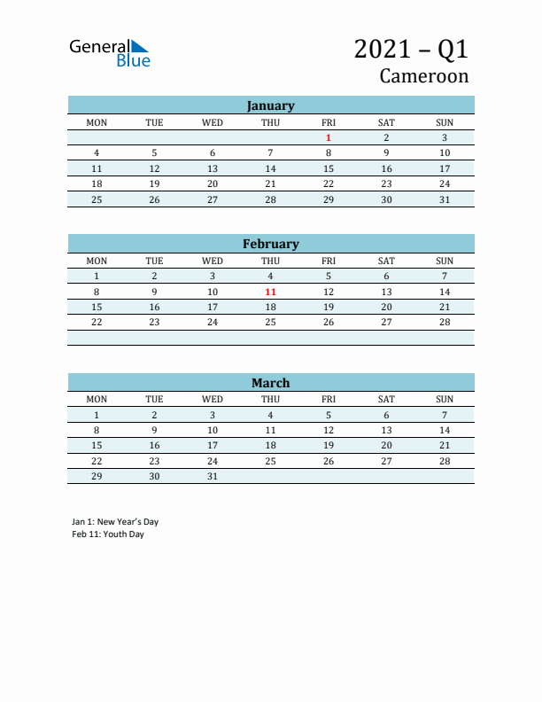 Three-Month Planner for Q1 2021 with Holidays - Cameroon