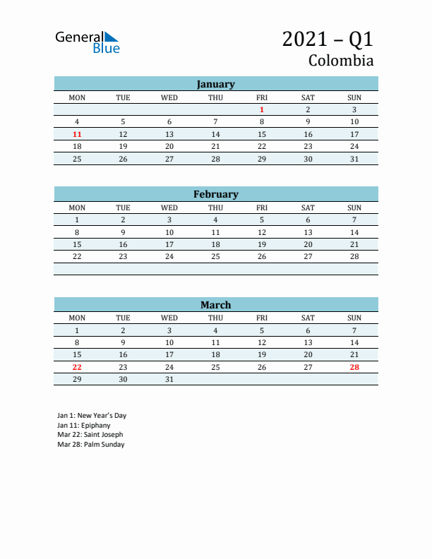 Three-Month Planner for Q1 2021 with Holidays - Colombia
