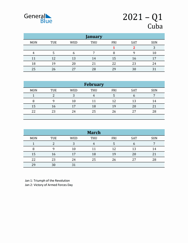 Three-Month Planner for Q1 2021 with Holidays - Cuba