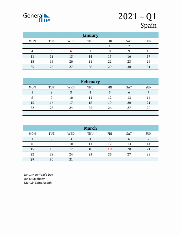 Three-Month Planner for Q1 2021 with Holidays - Spain