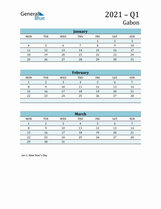 Three-Month Planner for Q1 2021 with Holidays - Gabon