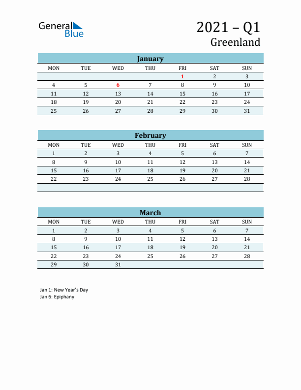 Three-Month Planner for Q1 2021 with Holidays - Greenland