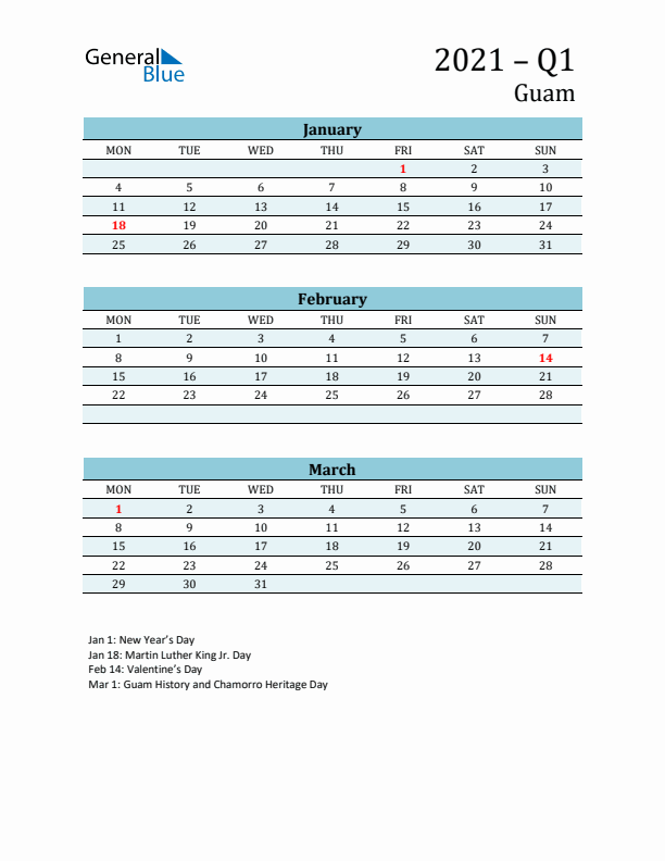 Three-Month Planner for Q1 2021 with Holidays - Guam