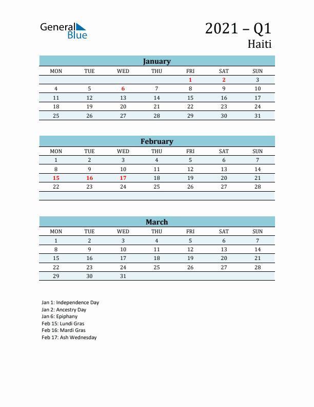 Three-Month Planner for Q1 2021 with Holidays - Haiti
