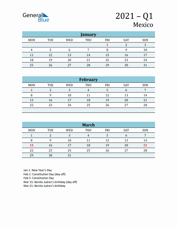 Three-Month Planner for Q1 2021 with Holidays - Mexico