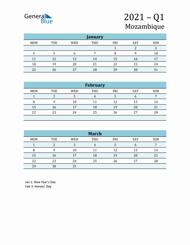 Three-Month Planner for Q1 2021 with Holidays - Mozambique