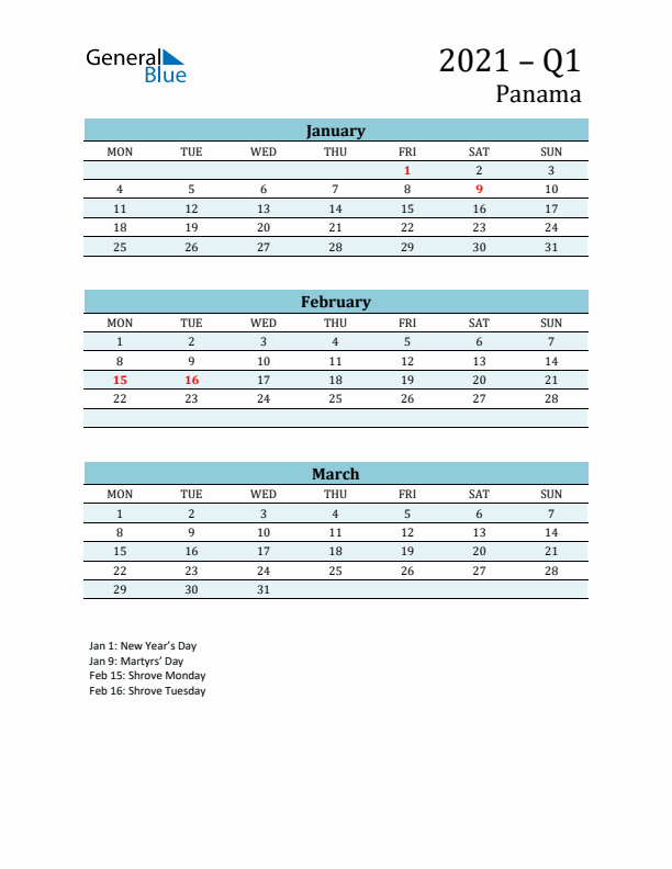 Three-Month Planner for Q1 2021 with Holidays - Panama