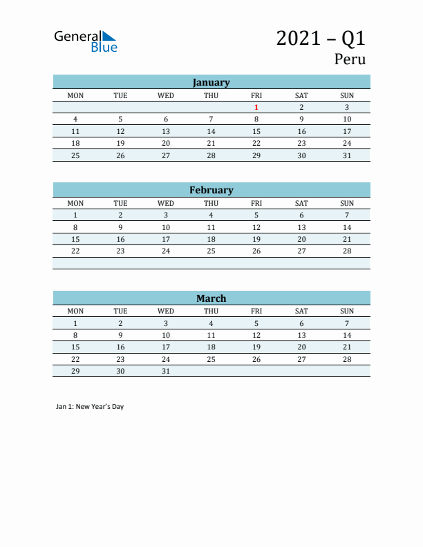 Three-Month Planner for Q1 2021 with Holidays - Peru