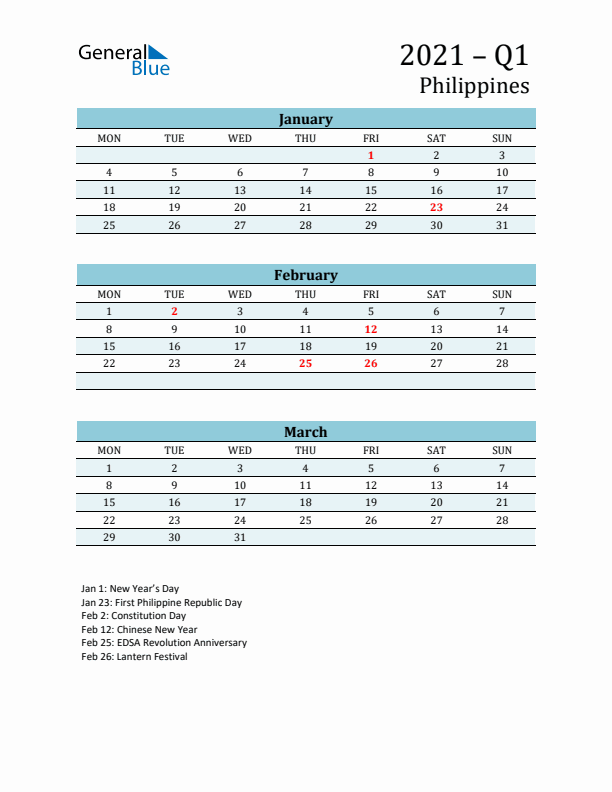 Three-Month Planner for Q1 2021 with Holidays - Philippines