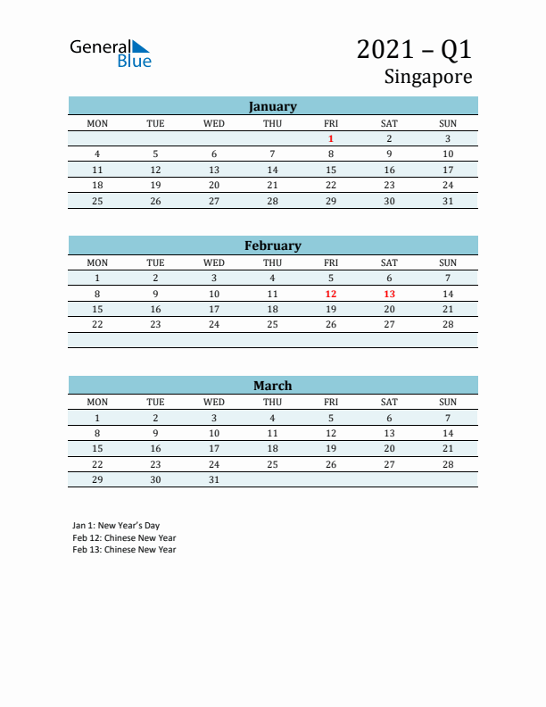 Three-Month Planner for Q1 2021 with Holidays - Singapore