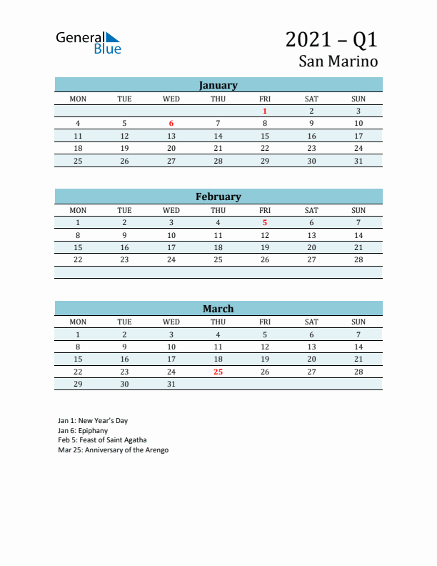 Three-Month Planner for Q1 2021 with Holidays - San Marino