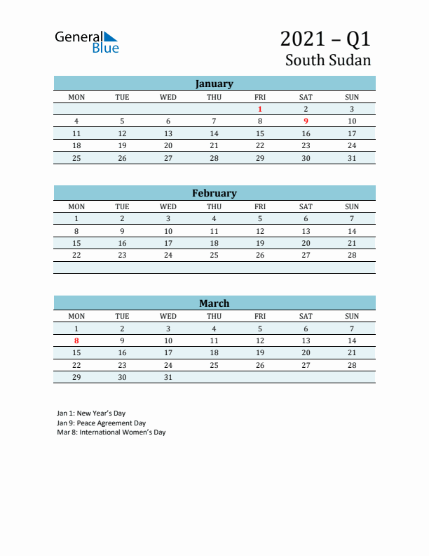 Three-Month Planner for Q1 2021 with Holidays - South Sudan