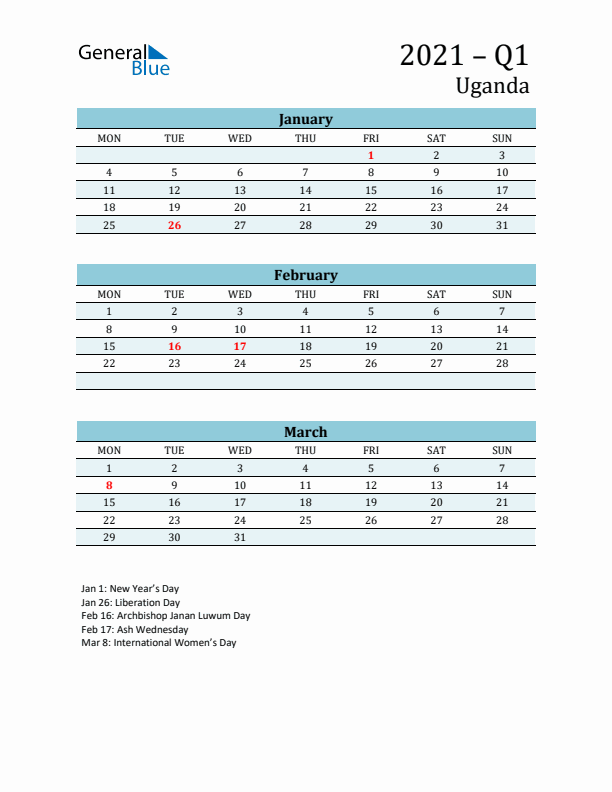 Three-Month Planner for Q1 2021 with Holidays - Uganda