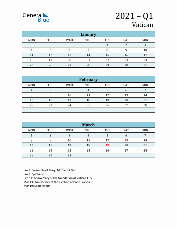 Three-Month Planner for Q1 2021 with Holidays - Vatican