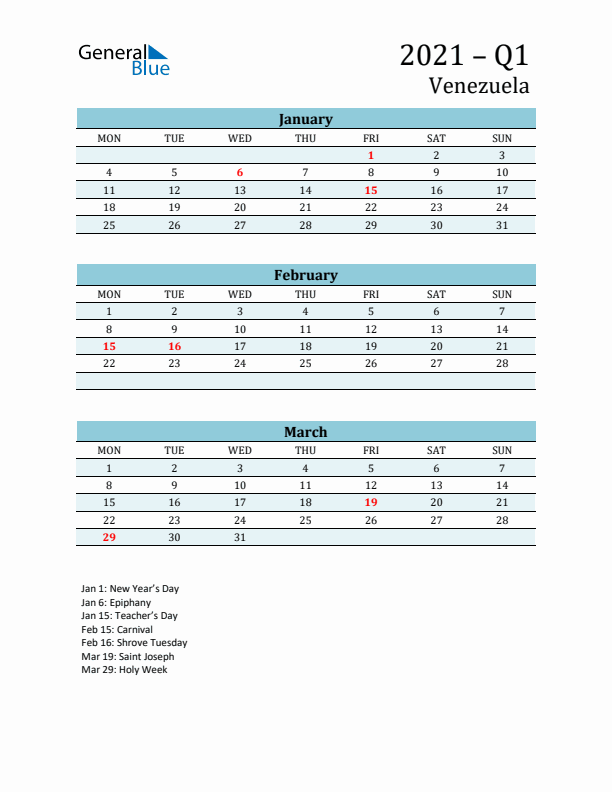 Three-Month Planner for Q1 2021 with Holidays - Venezuela