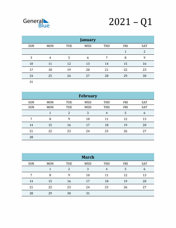January, February, and March 2021 Calendar
