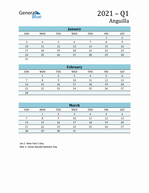 Three-Month Planner for Q1 2021 with Holidays - Anguilla