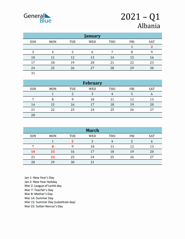 Three-Month Planner for Q1 2021 with Holidays - Albania