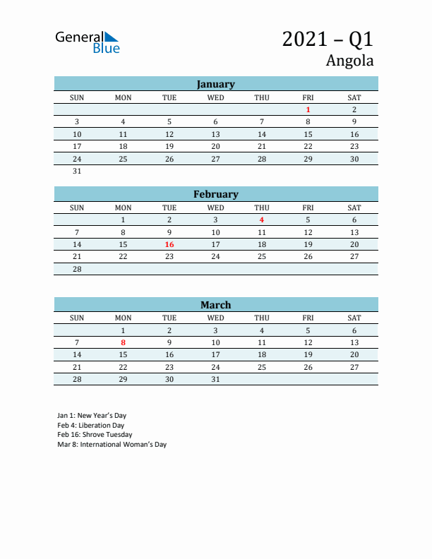 Three-Month Planner for Q1 2021 with Holidays - Angola