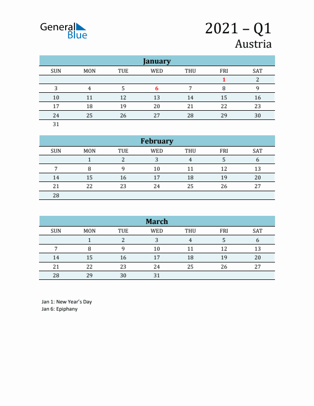Three-Month Planner for Q1 2021 with Holidays - Austria