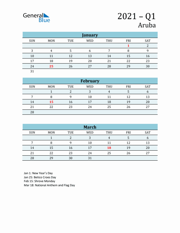 Three-Month Planner for Q1 2021 with Holidays - Aruba