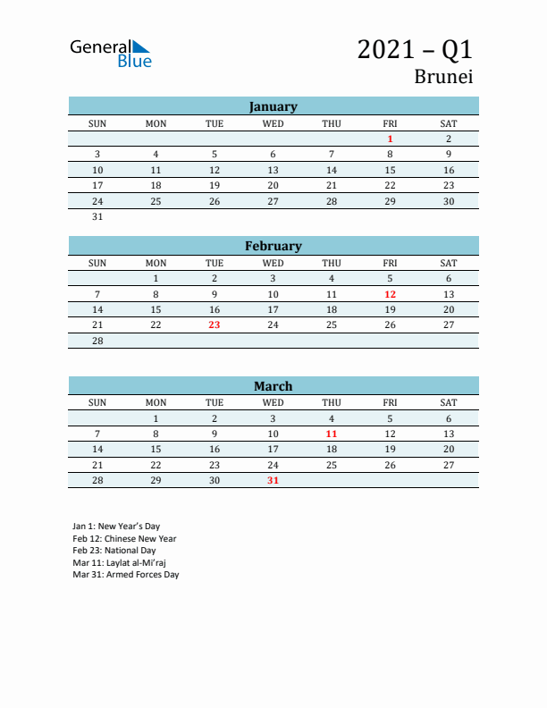 Three-Month Planner for Q1 2021 with Holidays - Brunei