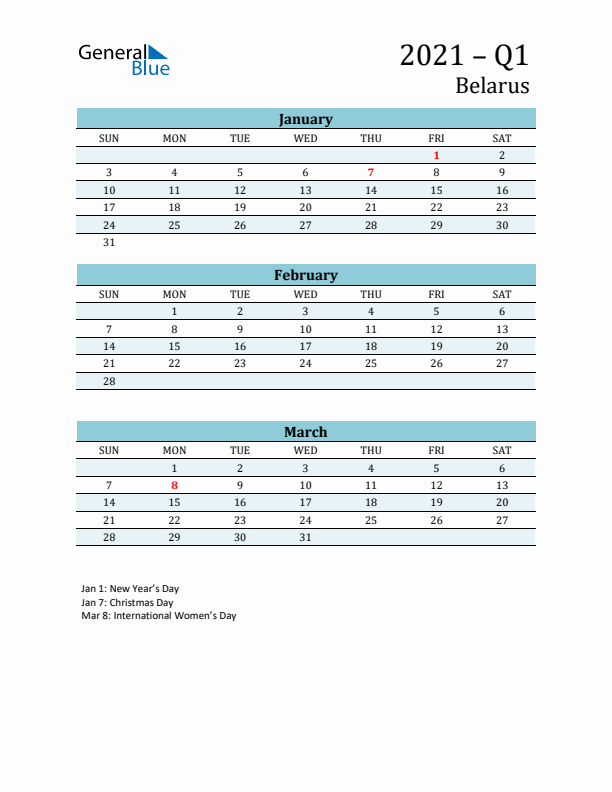 Three-Month Planner for Q1 2021 with Holidays - Belarus