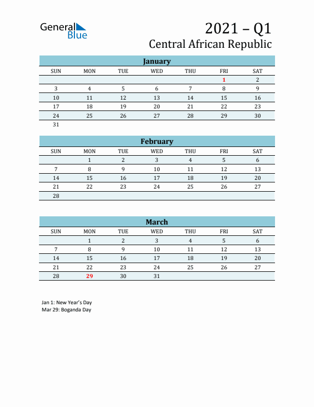 Three-Month Planner for Q1 2021 with Holidays - Central African Republic