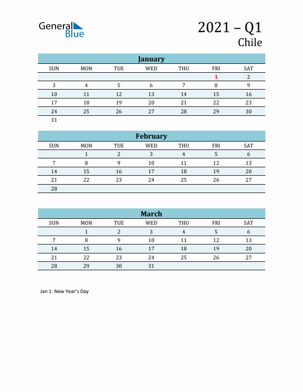 Three-Month Planner for Q1 2021 with Holidays - Chile