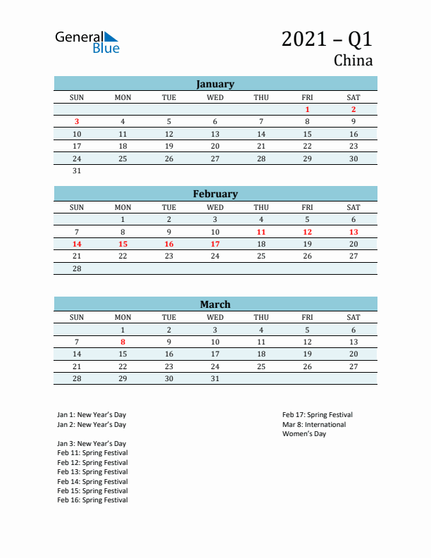 Three-Month Planner for Q1 2021 with Holidays - China