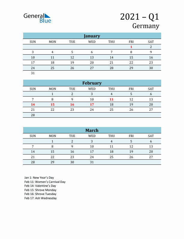 Three-Month Planner for Q1 2021 with Holidays - Germany