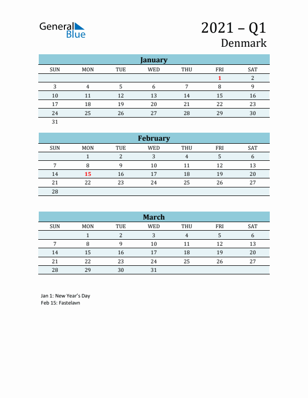 Three-Month Planner for Q1 2021 with Holidays - Denmark