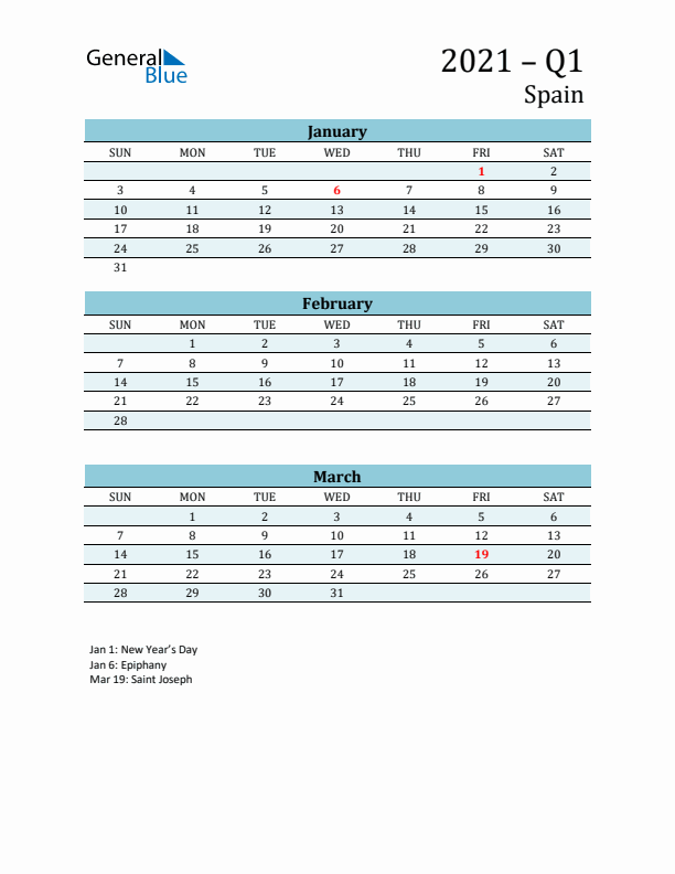Three-Month Planner for Q1 2021 with Holidays - Spain
