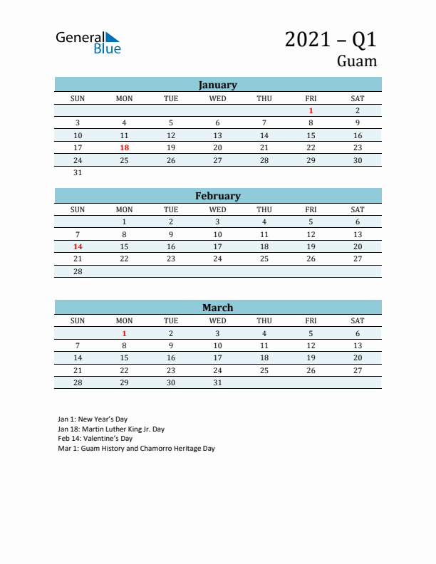Three-Month Planner for Q1 2021 with Holidays - Guam