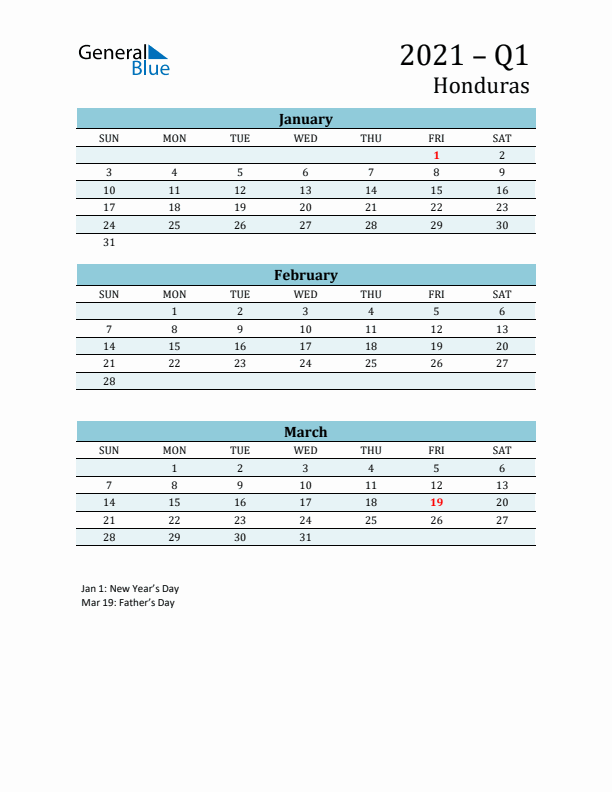 Three-Month Planner for Q1 2021 with Holidays - Honduras