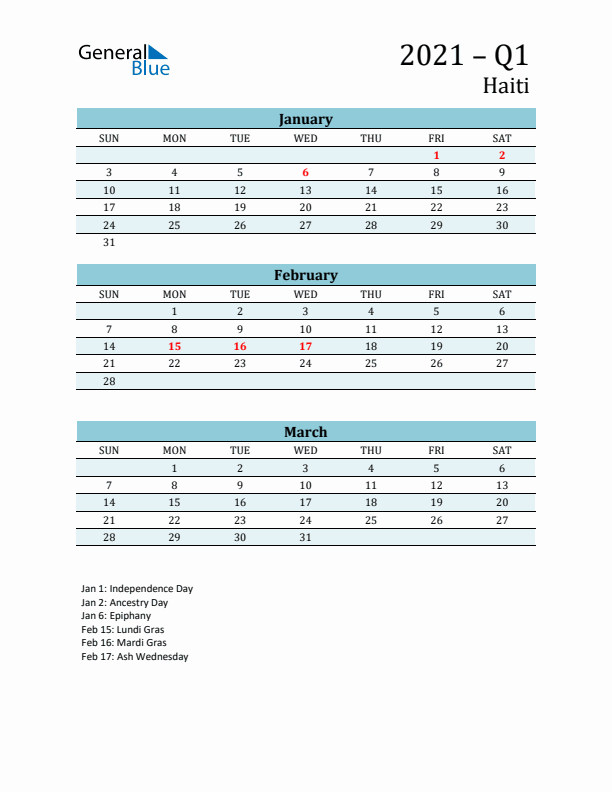 Three-Month Planner for Q1 2021 with Holidays - Haiti
