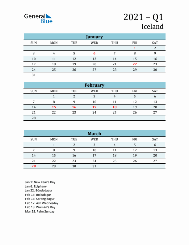 Three-Month Planner for Q1 2021 with Holidays - Iceland