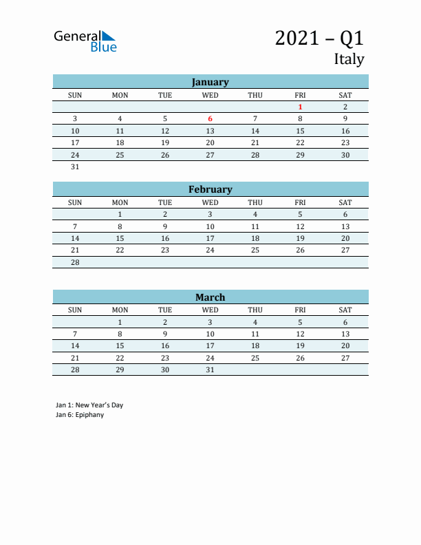 Three-Month Planner for Q1 2021 with Holidays - Italy