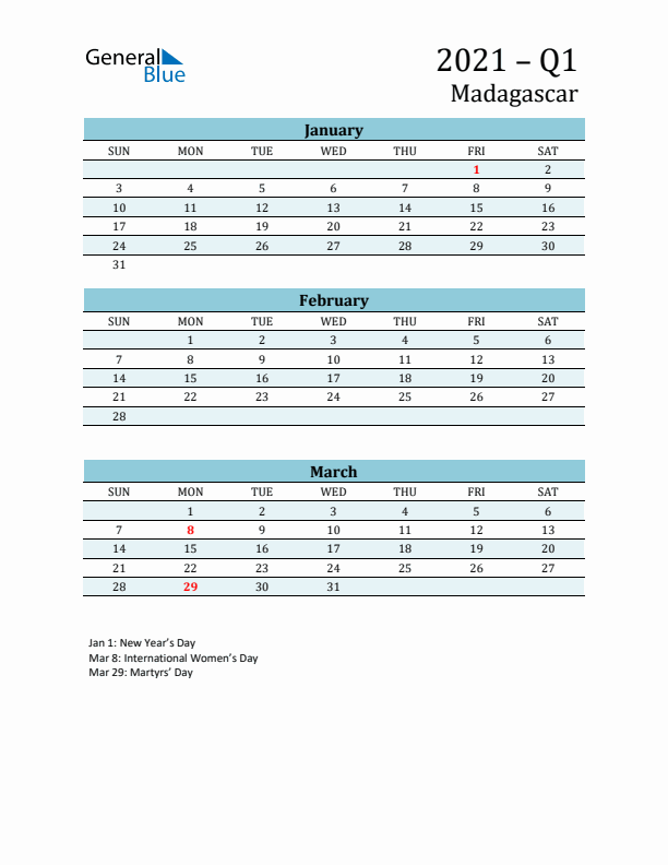 Three-Month Planner for Q1 2021 with Holidays - Madagascar