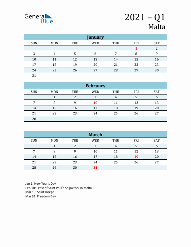 Three-Month Planner for Q1 2021 with Holidays - Malta